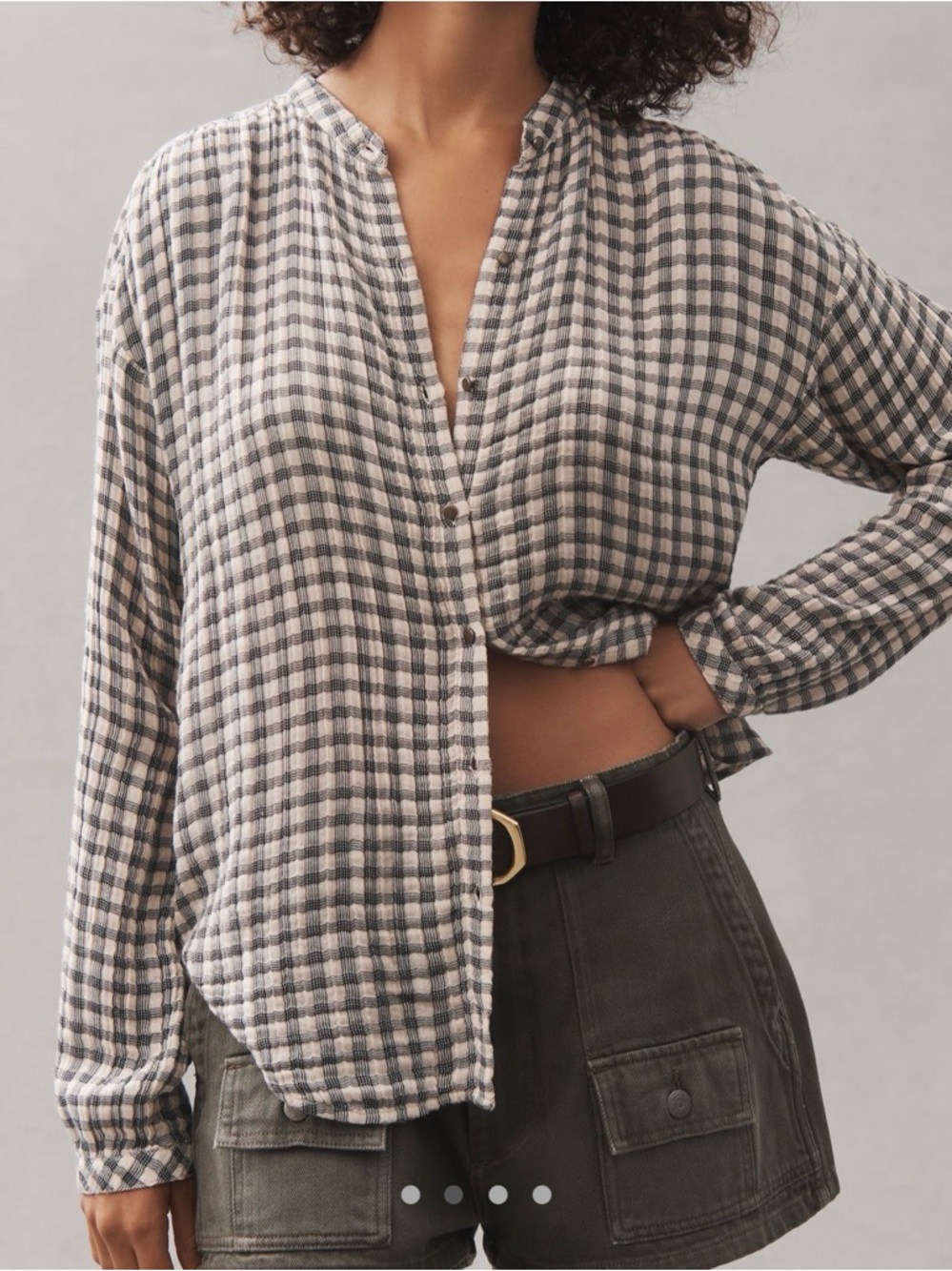 Anthropologie Beige and Black Checked Button-Front Top - Picture 2 of 9
